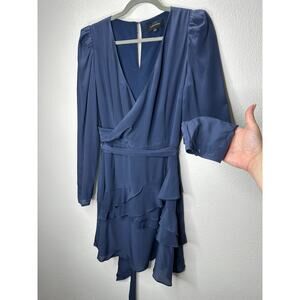 FiveSeventyFive Navy V-Neck Faux Wrap Long Sleeve Tiered Ruffle Dress M
